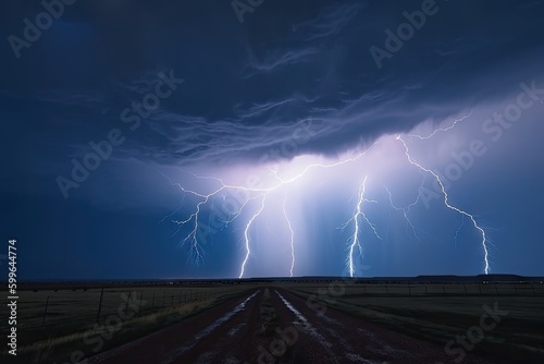 lightning storm with tornado visible in the distance, created with generative ai