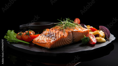 Sizzling Salmon Delight, Grilled and Served on a Black Stone Plate with Fresh Vegetables. AI Generative
