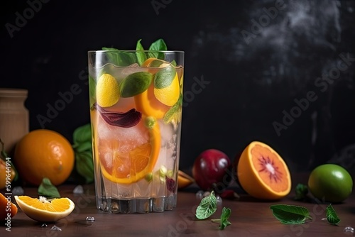 a tumbler filled with ice and fruit juice, ready to be mixed for a refreshing summer cocktail, created with generative ai photo