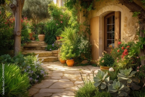 lush garden and stone path leading to the front door of a mediterranean house  created with generative ai