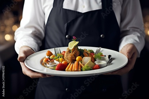 Fototapeta Naklejka Na Ścianę i Meble -  Waiter Carrying Plate with Fancy Food, Served Michelin Style. Generative ai