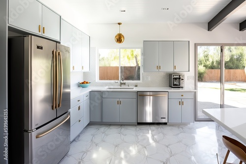 mid-century modern kitchen  with sleek and elegant design elements  such as stainless steel appliances and marble countertops  created with generative ai