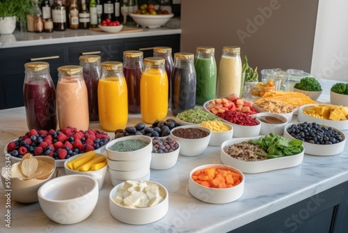 smoothie bar with array of ingredients and toppings for making unique smoothies, created with generative ai