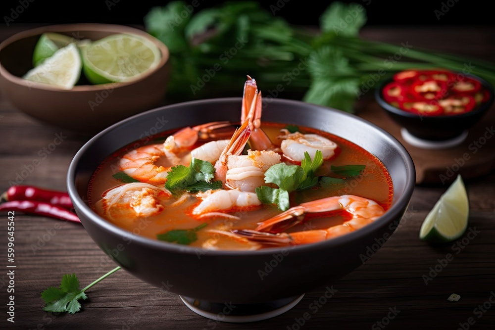 bowl of piping hot tom yam soup with shrimp, lemongrass and lime, created with generative ai