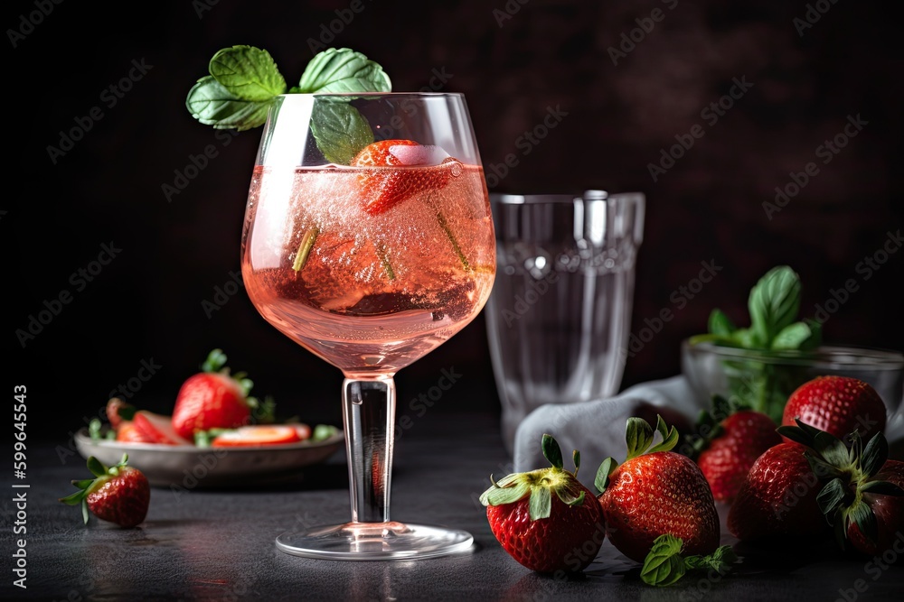glass of sparkling rose cocktail, with fresh strawberries and mint, created with generative ai glass of sparkling rose cocktail, with fresh strawberries and mint, created with generative ai