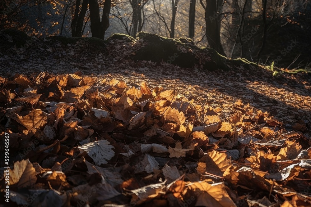 Obraz premium a pile of fallen leaves, with the sunlight shining through them, created with generative ai