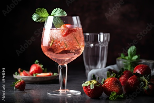 glass of sparkling rose cocktail, with fresh strawberries and mint, created with generative ai