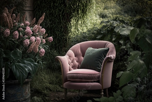 a pink armchair surrounded by greenery in a serene garden setting, created with generative ai © Alfazet Chronicles
