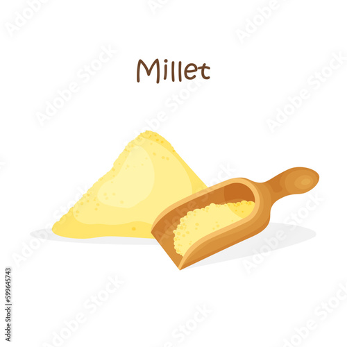 Heap of millet groats. Grain in a wooden scoop. Healthy food concept. Vector illustration in trendy flat style isolated on white background.