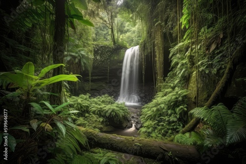 majestic waterfall cascading over lush jungle landscape, created with generative ai