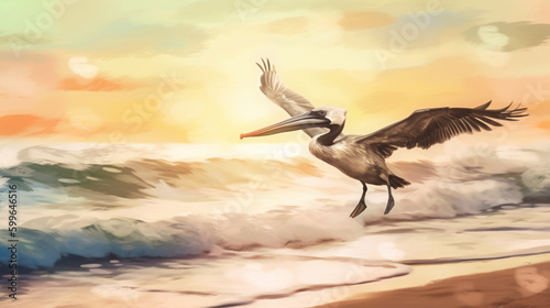 A pelican landing on a beach with the soft light Generative AI 