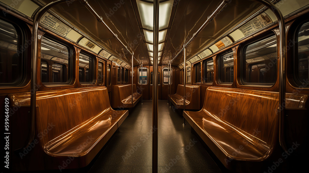 A subway car filled with lots of wooden benches, AI Generative