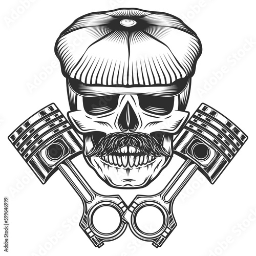 Motorcyclist skull with mustache in flat cap with crossed engine pistons service repair motorcycle, car and truck business in vintage monochrome isolated vector illustration