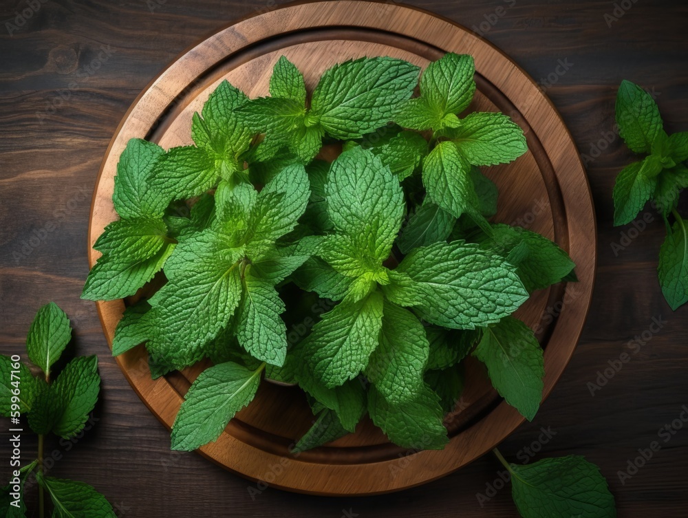 a wooden bowl filled with green leaves on top of a table a wooden bowl filled with green leaves on top of a table