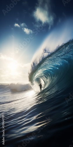 a person standing on a surfboard in the middle of a wave