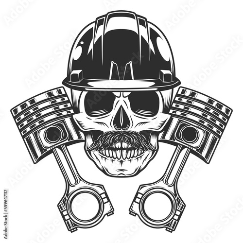 Skull with mustache in hard hat construction helmet with crossed engine pistons service repair motorcycle, car and truck business in vintage monochrome isolated vector illustration