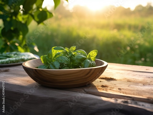 a wooden bowl filled with green plants on top of a wooden table © PixelHub