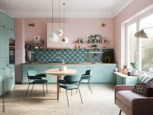 A pink and blue kitchen with a table and chairs. Generative AI image.