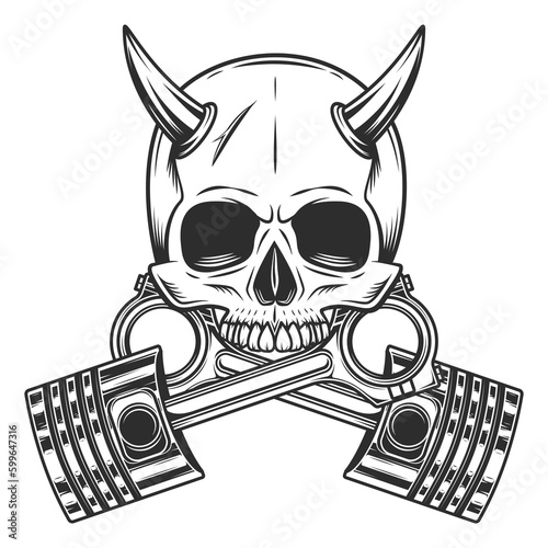 Biker horned skull without jaw and crossed engine pistons service repair motorcycle, car and truck business in vintage monochrome isolated vector illustration