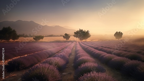 a lavender field at sunset with trees and mountains in the background © PixelHub