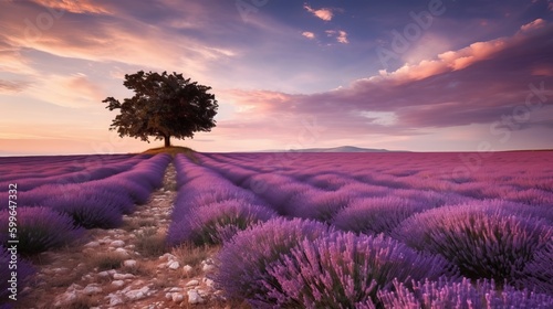 a lone tree in the middle of a lavender field