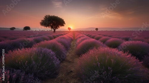 a lavender field with a lone tree at sunset