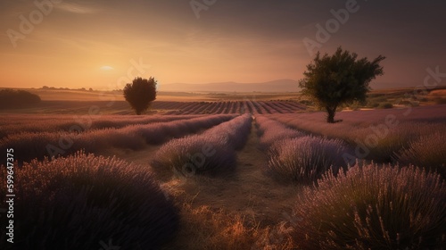 a lavender field at sunset with a lone tree