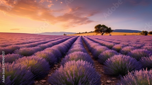 a field of lavender flowers with a lone tree in the distance © PixelHub