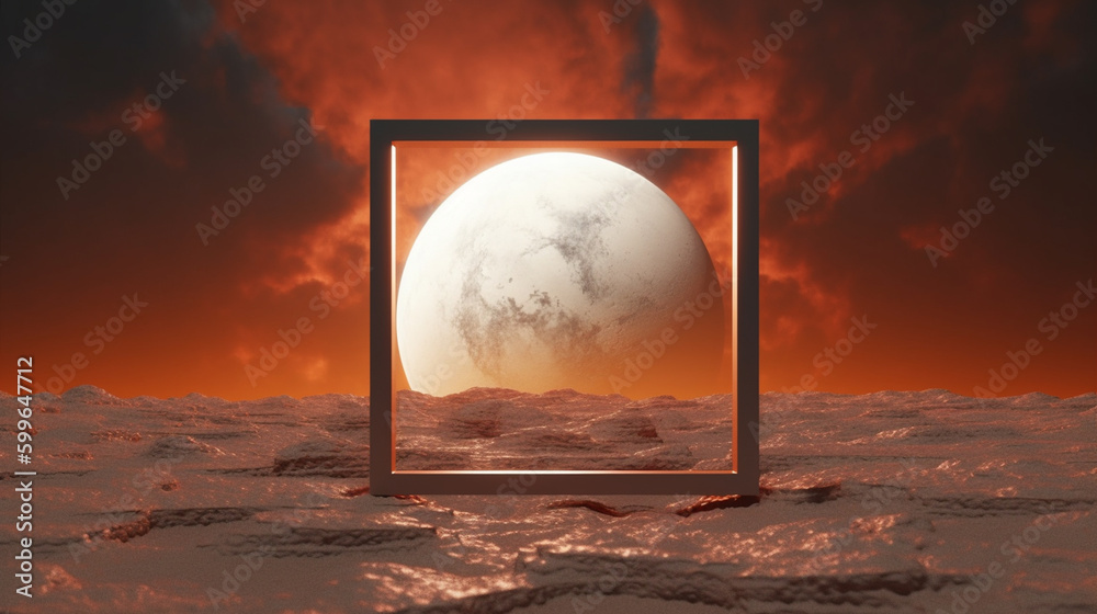 Mars and Martian Inspired Surreal Futuristic Background with Square Portal Structure and Glowing Moon/Planet in the Background - Futuristic Sci-Fi Red Planet - Generative AI