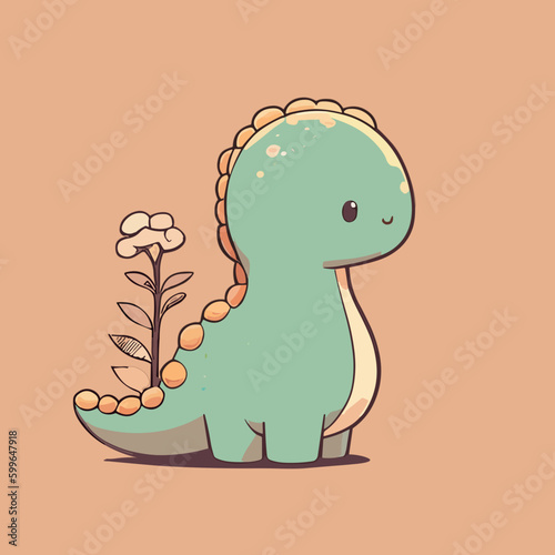 Cute cartoon dinosaur with leaves. Vector illustration for your design