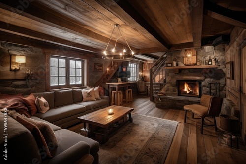 cozy cabin retreat with roaring fireplace, surrounded by warm and inviting decor, created with generative ai