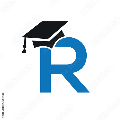 Initial Letter R Education Logo Design Combine With Graduation Hat Icon Vector Template