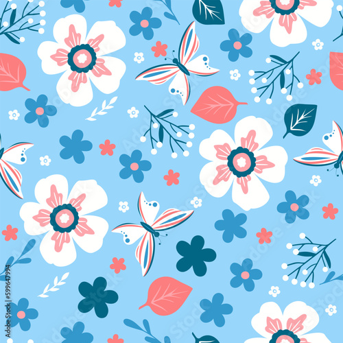 Seamless spring pattern with different cute flowers, leaves and butterflies