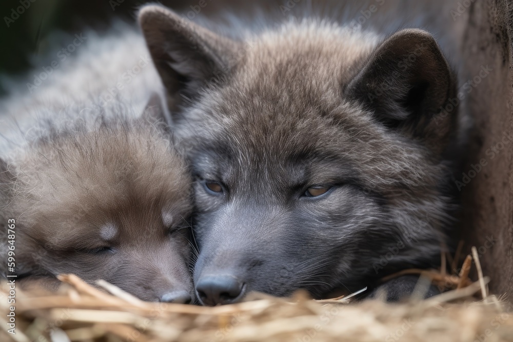 Naklejka premium baby wolf, eyes still closed, nestled in mother's fur, created with generative ai