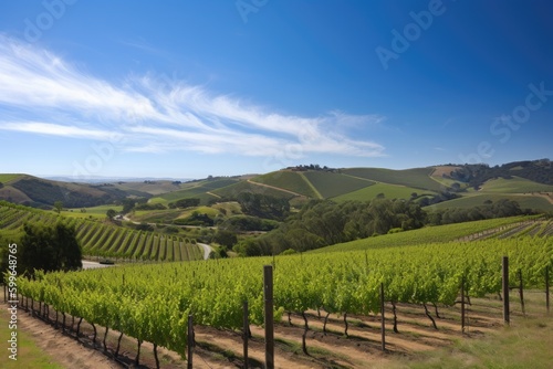 vineyard with rolling hills and clear blue skies  created with generative ai