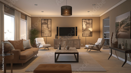 Wohnzimmer im modern minimalistischen Stil  mit organische Formen und warmen Erdt  nen  symbolisch f  r achtsames leben  Generative AI 