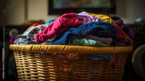 Pile of clothes in laundry basket indoors. AI Generative