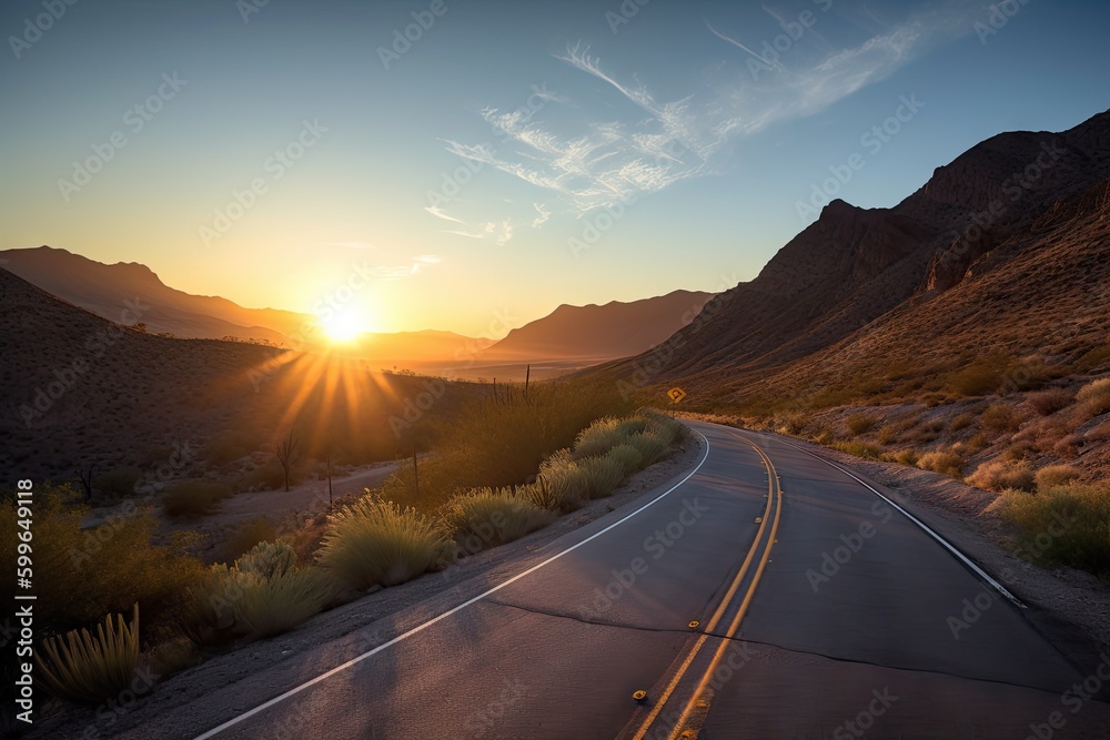 scenic highway leading to sunrise over mountain range, created with generative ai