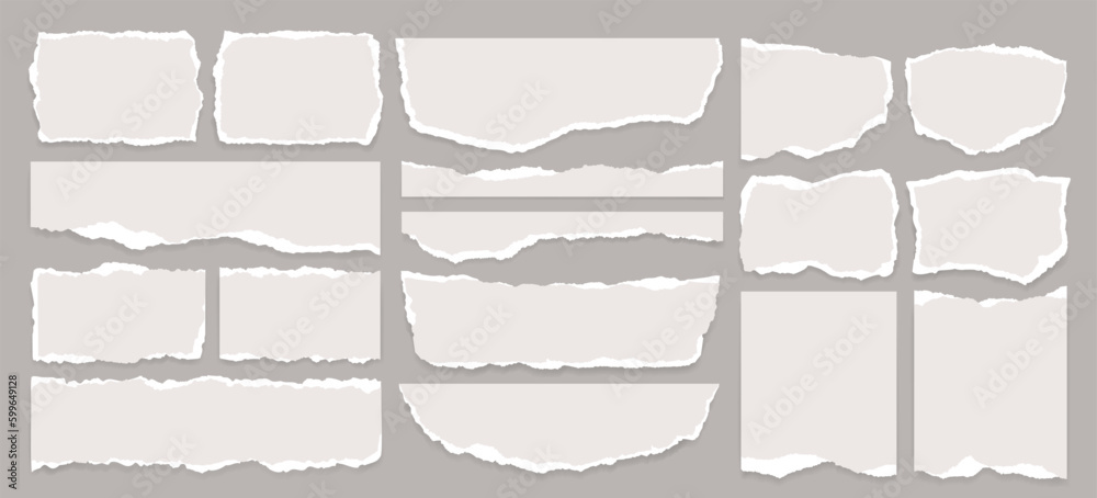 Set of torn note or notebook paper strips on dark background. Ripped newspaper sheet, scrapbook edge or blank banner split illustration. Realistic ornament or decoration clip art for social media. 