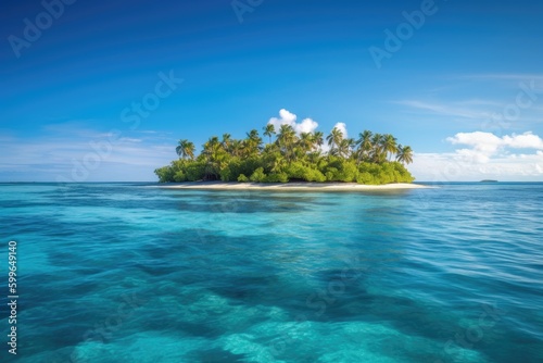 tropical island surrounded by calm waters and clear blue skies, created with generative ai