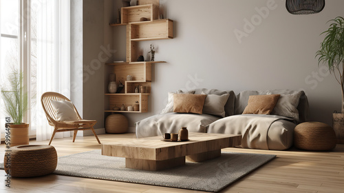 Wohnzimmer im modern minimalistischen Stil, mit organische Formen und warmen Erdtönen, symbolisch für achtsames leben (Generative AI)