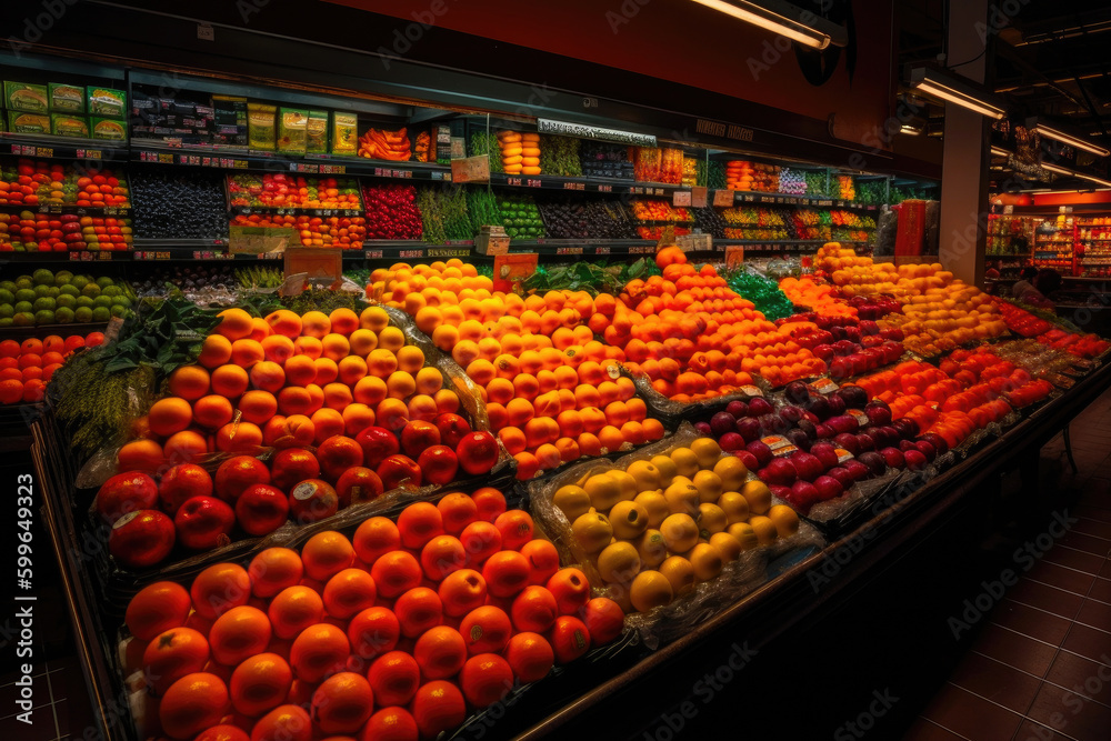 Supermarket, overflowing with colorful and fresh produce. Generative AI
