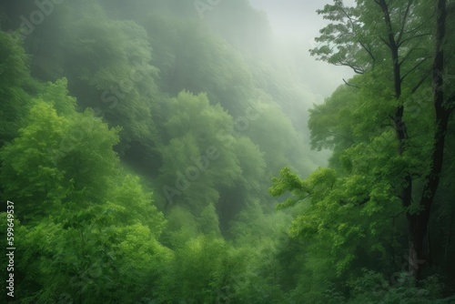 lush green forest shrouded in misty morning fog, created with generative ai