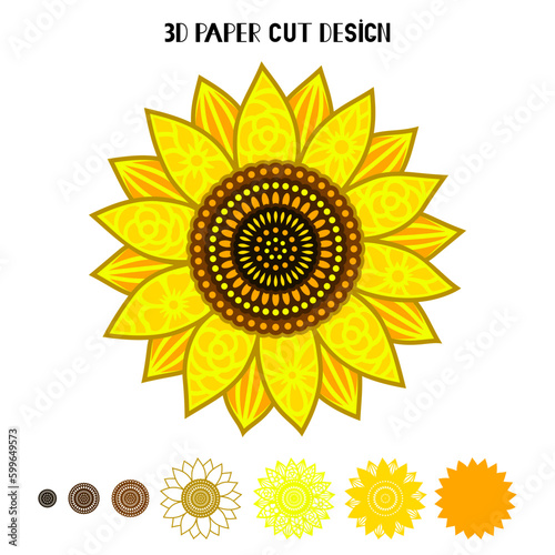 3D Sunflower mandala. Vector paper or laser cut template. Flower silhouette. Summer multilayer illustration. Isolated on white background. Decorative symboll.