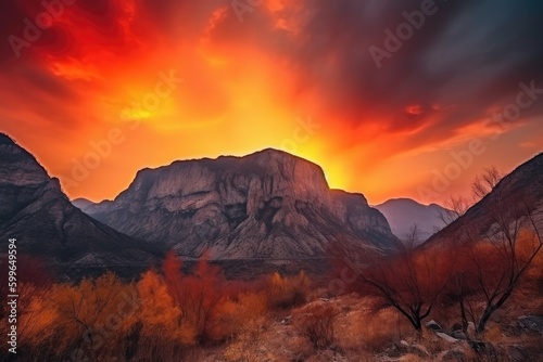majestic mountains and fiery orange sunset against the backdrop of a canyon, created with generative ai