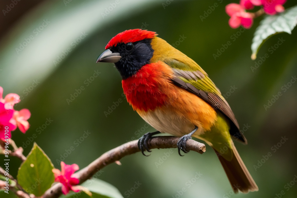 Masked Crimson Tanager bird perching on a branch with tropical leaves everywhere in a tropical rainforest. Wildlife concept of ecological environment. Generative AI