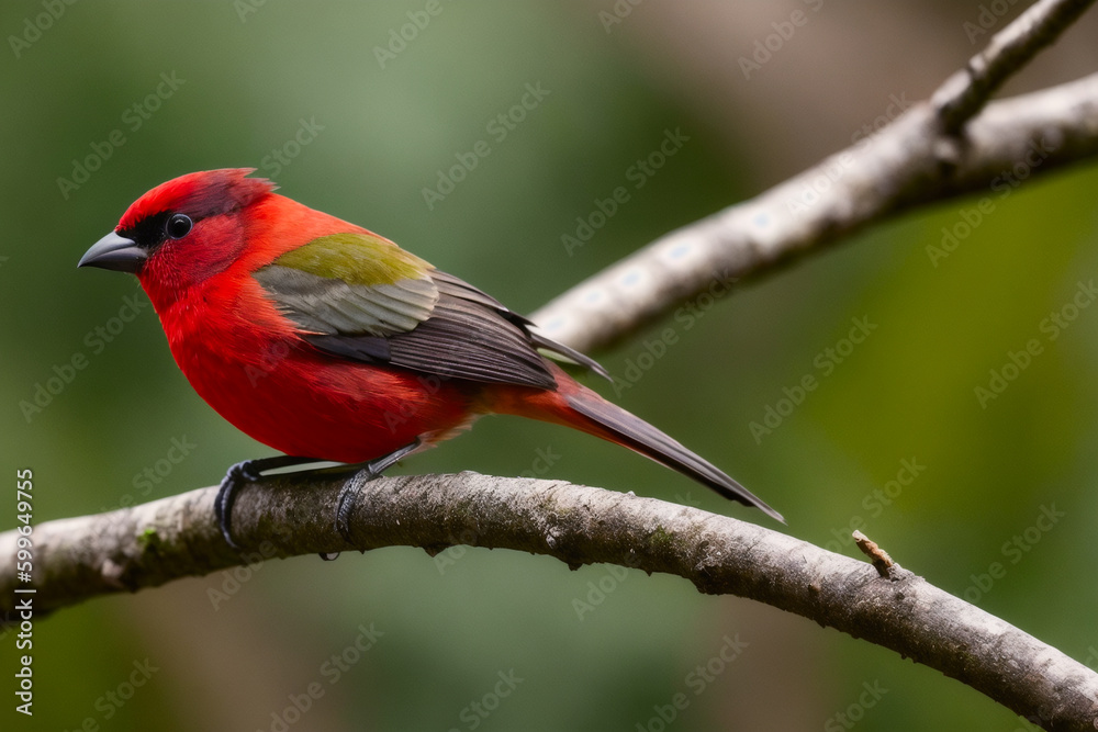 Masked Crimson Tanager bird perching on a branch with tropical leaves everywhere in a tropical rainforest. Wildlife concept of ecological environment. Generative AI