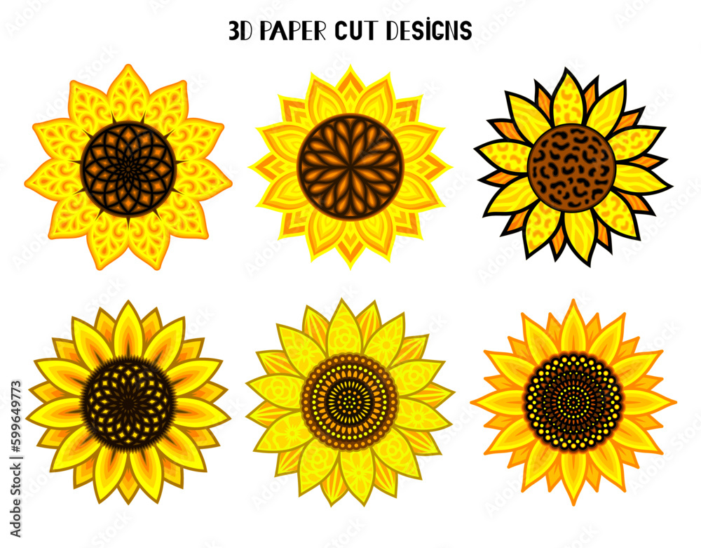 3D Sunflower mandala. Vector set paper or laser cut templates. Flower silhouette. Summer multilayer illustration. Isolated on white background. Decorative symboll. 3D Sunflower mandala. Vector set paper or laser cut templates. Flower silhouette. Summer multilayer illustration. Isolated on white background. Decorative symboll.