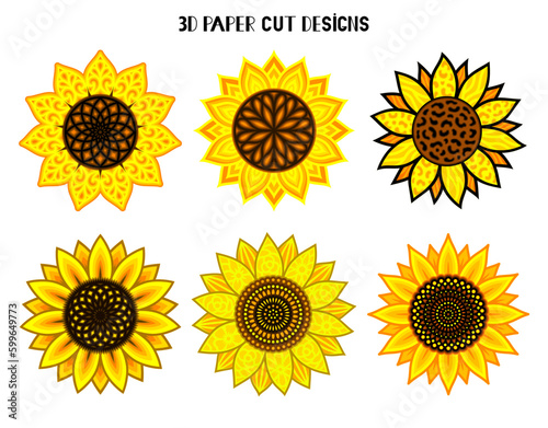 3D Sunflower mandala. Vector set paper or laser cut templates. Flower silhouette. Summer multilayer illustration. Isolated on white background. Decorative symboll.