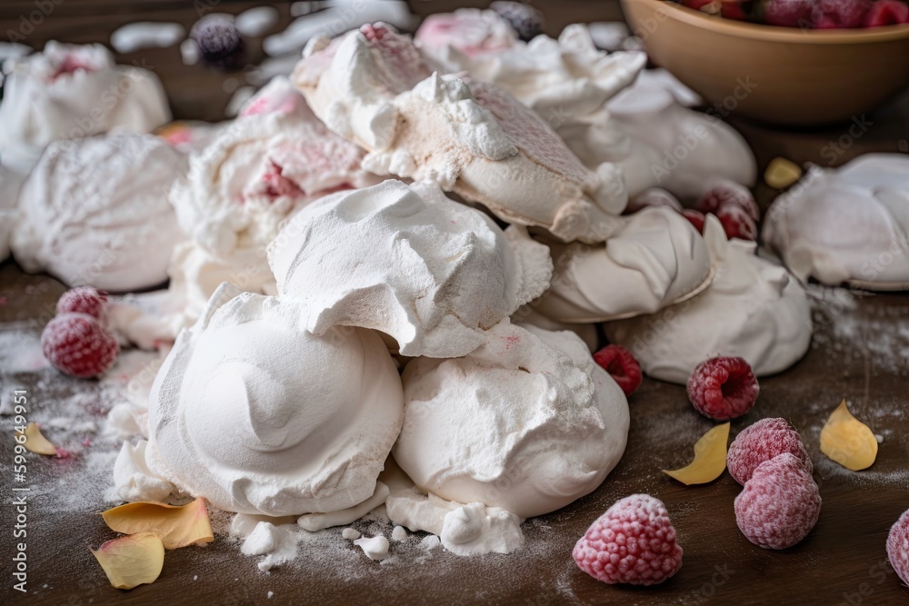 pile of meringues, dusted with confectioners' sugar and flavored with fruit, created with generative ai